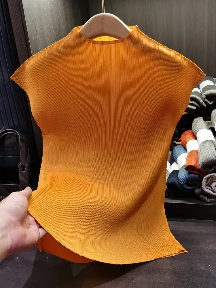 Versatile Classic Simple Solid Color Stand Up Collar Pleated Top Women Slim Slim Short Sleeve Miyake T-shirt Summer-Dollar Bargains Online Shopping Australia