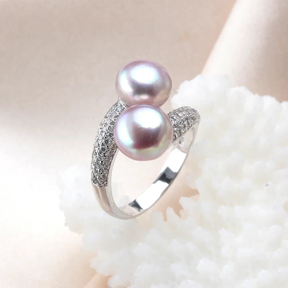 Double Pearl Adjustable Natural Freshwater Pearl Original 925 Sterling Silver Zircon Women's Ring Fine Bridal Jewelry