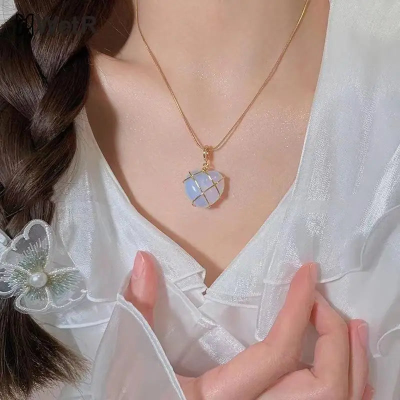 Fashion Opal Heart Necklace Crystal Castle Necklace For Women Girls Rose Quartz  Necklace Jewelry Accessories Gift