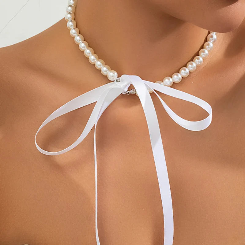 Wedding Party Jewelry Long Black Ribbon Choker Necklace For Women Elegant White Imitation Pearl Beach Vacation Necklaces-Dollar Bargains Online Shopping Australia