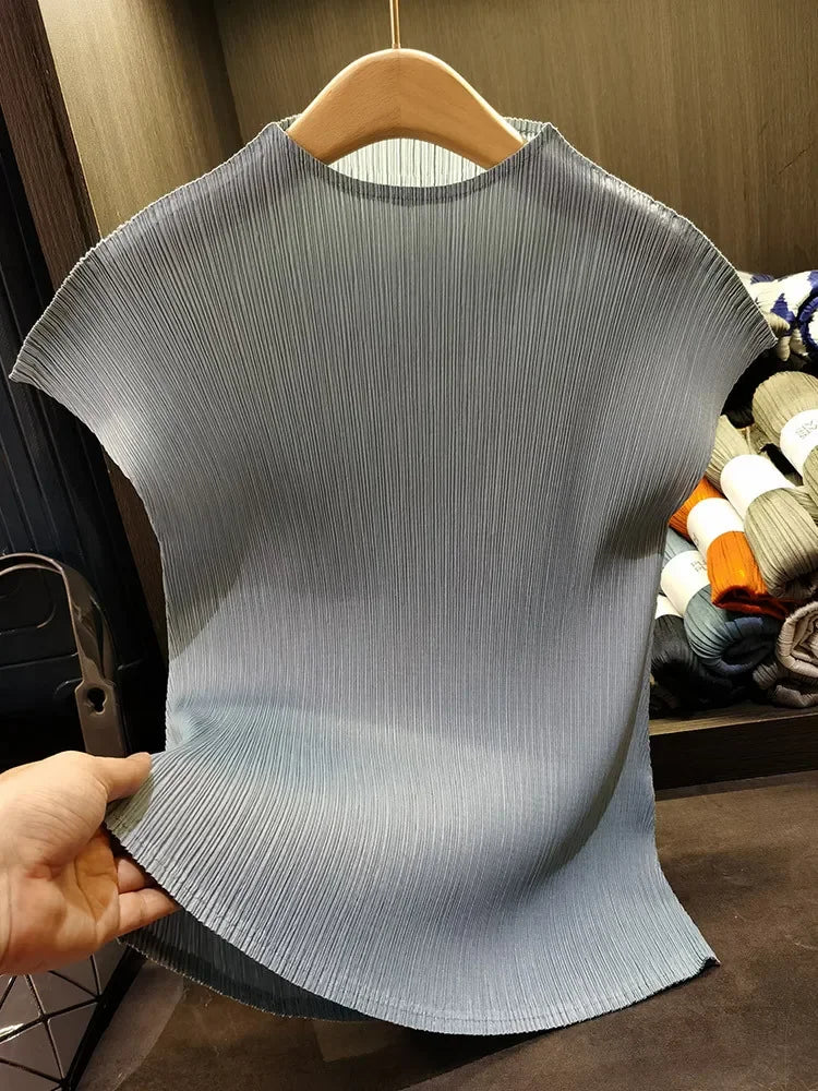 Versatile Classic Simple Solid Color Stand Up Collar Pleated Top Women Slim Slim Short Sleeve Miyake T-shirt Summer-Dollar Bargains Online Shopping Australia