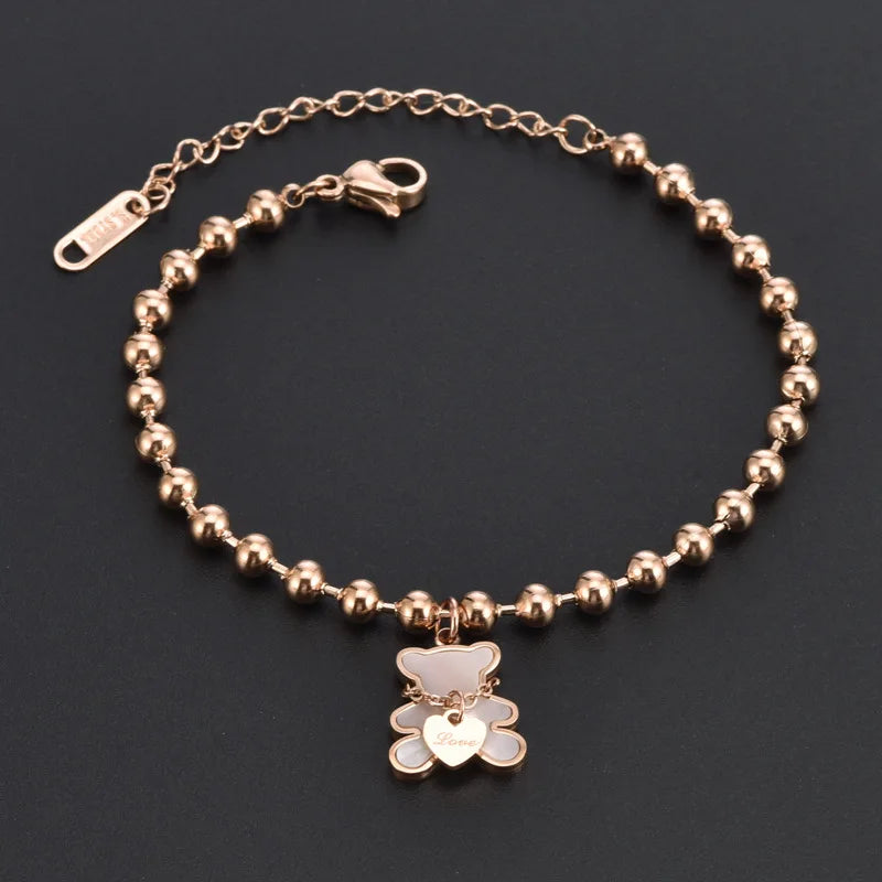 White Shell Cute Little Bear Peach Heart Stainless Steel Jewelry Set Necklace Earrings Bracelet or women-Dollar Bargains Online Shopping Australia