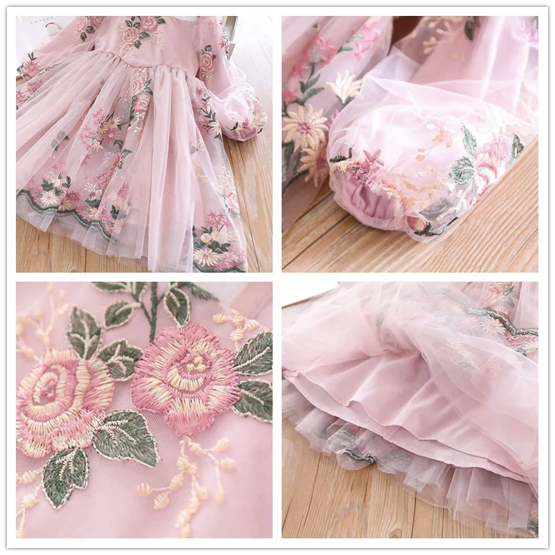 Little Girls Autumn Full Sleeves Dress for Children Party Kids Casual Dress Pink Floral Embroidery Dresses Princess Wear