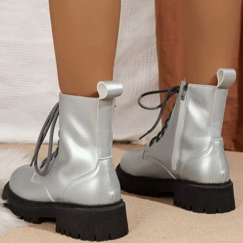 Shoes Women Silver Women's Boots Anti-slip and Wear-resistant Ladies High-top Motorcycle Boots