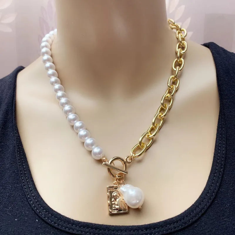 Copper Snake Chain Baroque Pearl Portrait Square Necklace For Women Trendy Multi-Layer Crystal Pendant Necklace Set Jewelry Gift-Dollar Bargains Online Shopping Australia