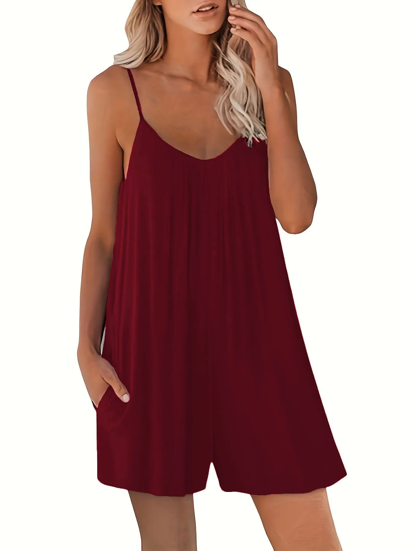 Women's Casual Strap Shorts Solid Round Neck Loose Pocket Jumpsuit-Dollar Bargains Online Shopping Australia