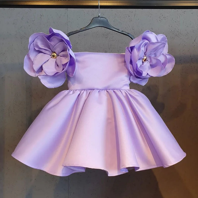 Girl Satin Face Tulle Petal Sleeve Dress Children Vestido Vintage Solid Color Wedding Birthday Party Princess Dress Kid Clothes-Dollar Bargains Online Shopping Australia