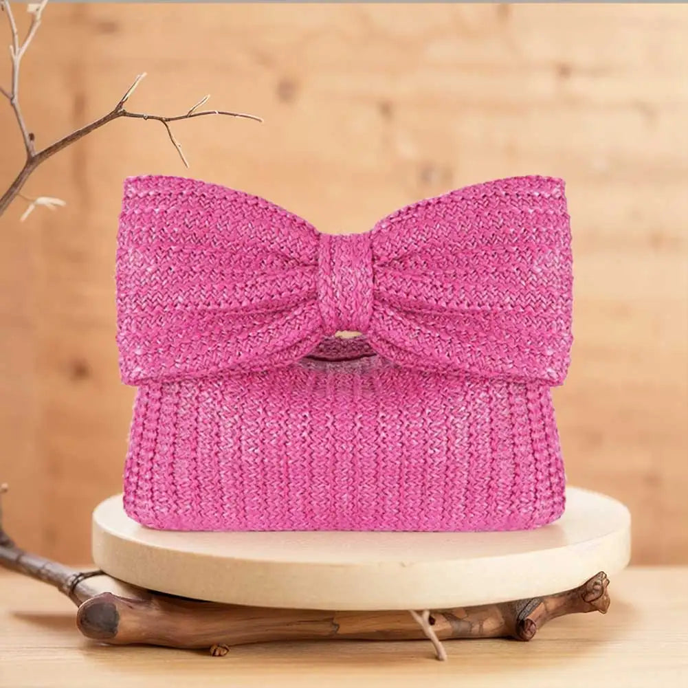 Women Straw Woven Handbag Zipper Closure with Bow Straw Summer Handbag Versatile Female Party Wedding Bag