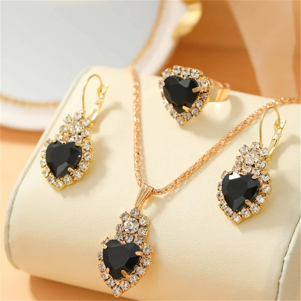 Luxurious Design Heart Shape Red Crystal Necklace Ring Earrings Jewelry Set Elegant Bridal Wedding Accessories Anniversary Gifts-Dollar Bargains Online Shopping Australia