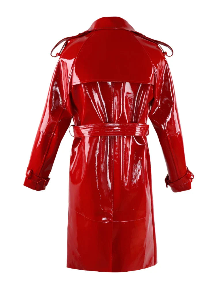 Long Shiny Black Red Patent Pu Leather Trench Coat for Women Belt Double Breasted Luxury Designer Clothes-Dollar Bargains Online Shopping Australia