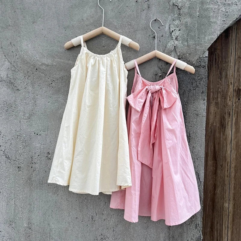 Baby Girl Princess Cotton Strap Dress Bow Infant Toddler Child Suspender Solid Color Summer Baby