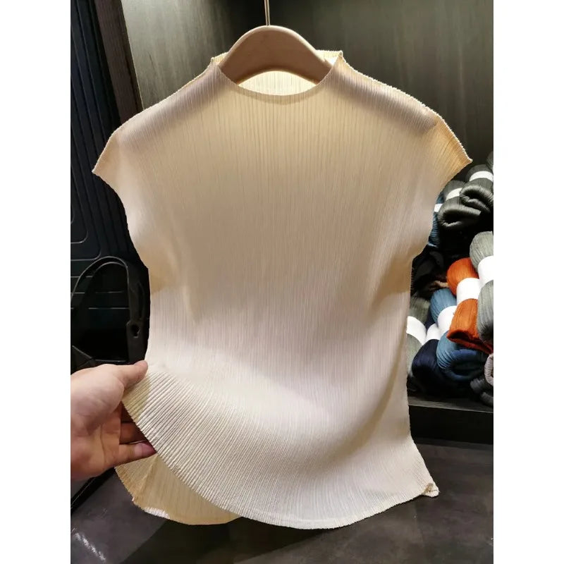 Versatile Classic Simple Solid Color Stand Up Collar Pleated Top Women Slim Slim Short Sleeve Miyake T-shirt Summer-Dollar Bargains Online Shopping Australia