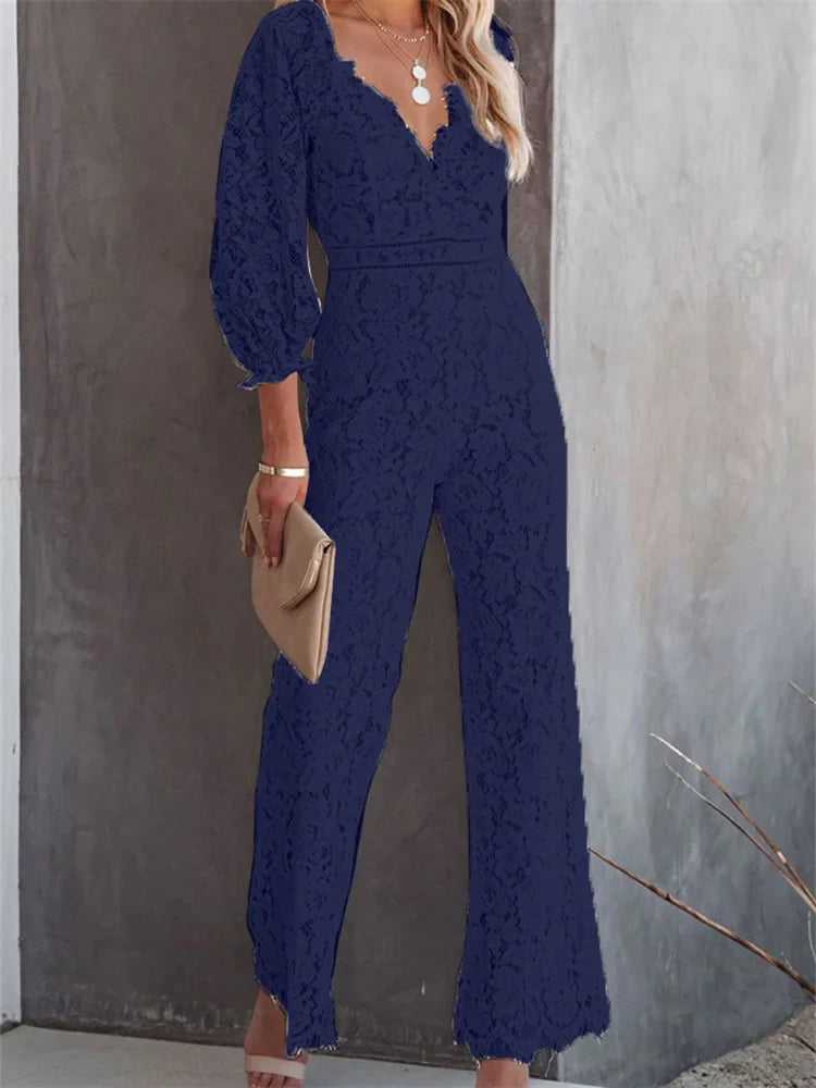 Elegant Women Lace Wide Leg Pants Jumpsuits Solid Color Long Sleeve High Waist V Neck Floral Rompers-Dollar Bargains Online Shopping Australia