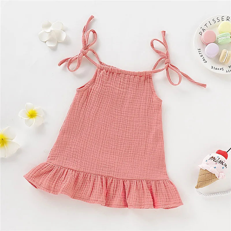 Kid Girl Summer Breathable Cotton Slip Dress Adjustable  Solid Color Halter Dress Toddler Girl Holiday Beachwea