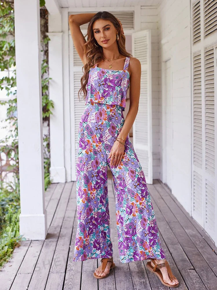Elegant Long Jumpsuit Women Sexy Backless Wide Leg Jumpsuits Casual Sleeveless Floral Rompers-Dollar Bargains Online Shopping Australia