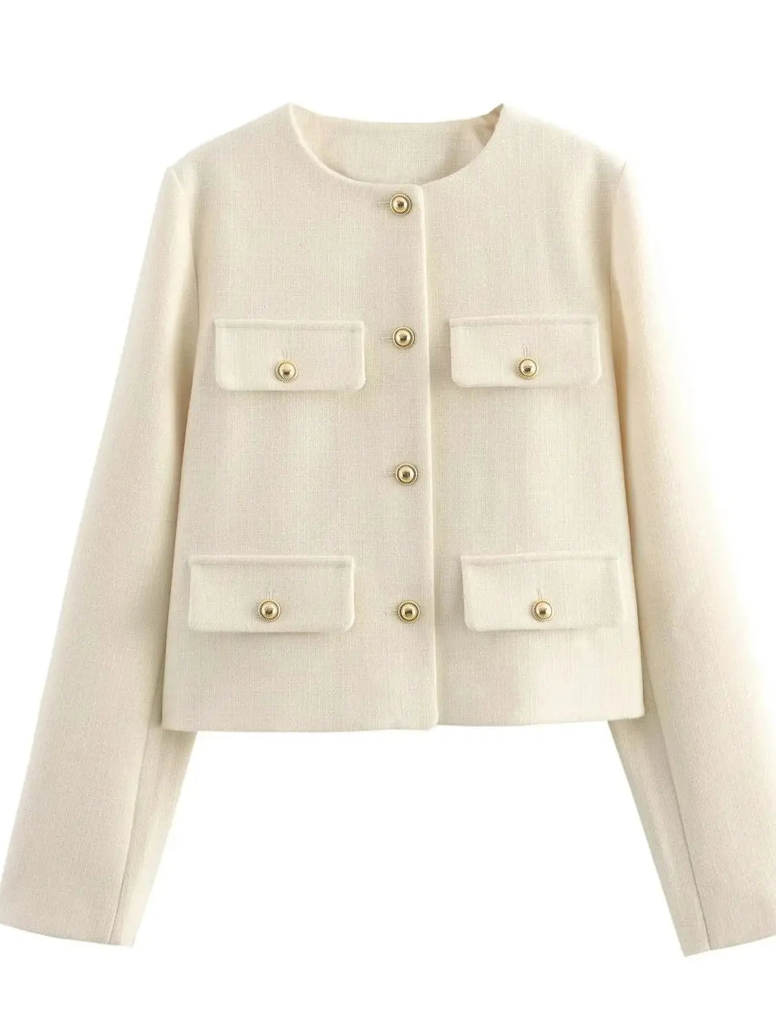 Flap Pocket Crop Jacket Women Vintage O Neck Long Sleeve Versatile Female Blazer-Dollar Bargains Online Shopping Australia