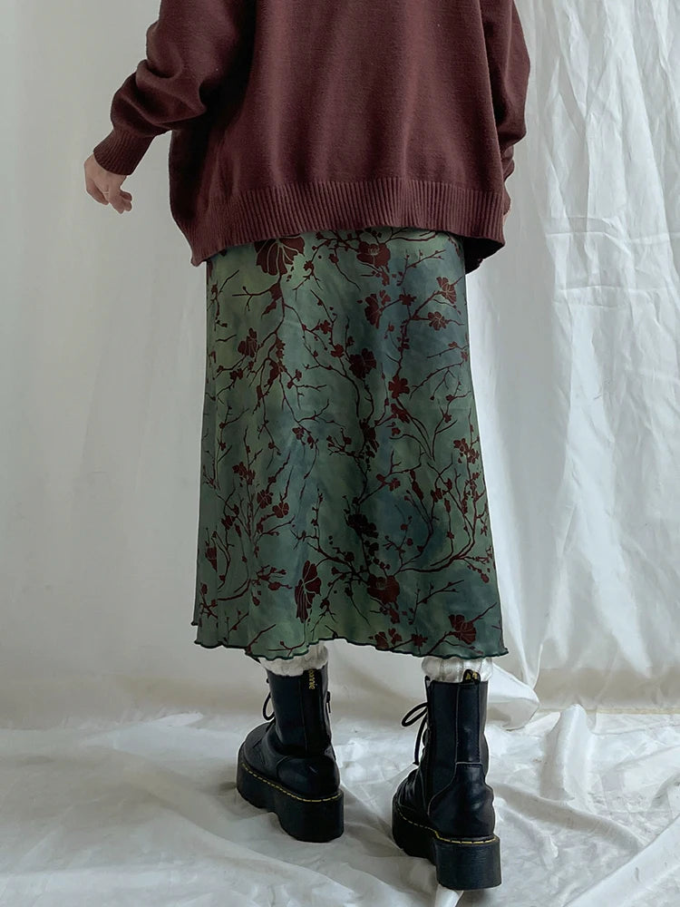 Vintage Long Skirt Green Floral Print Women Y2K High Street Grunge Fashion Elegant Mid-Calf Skirt