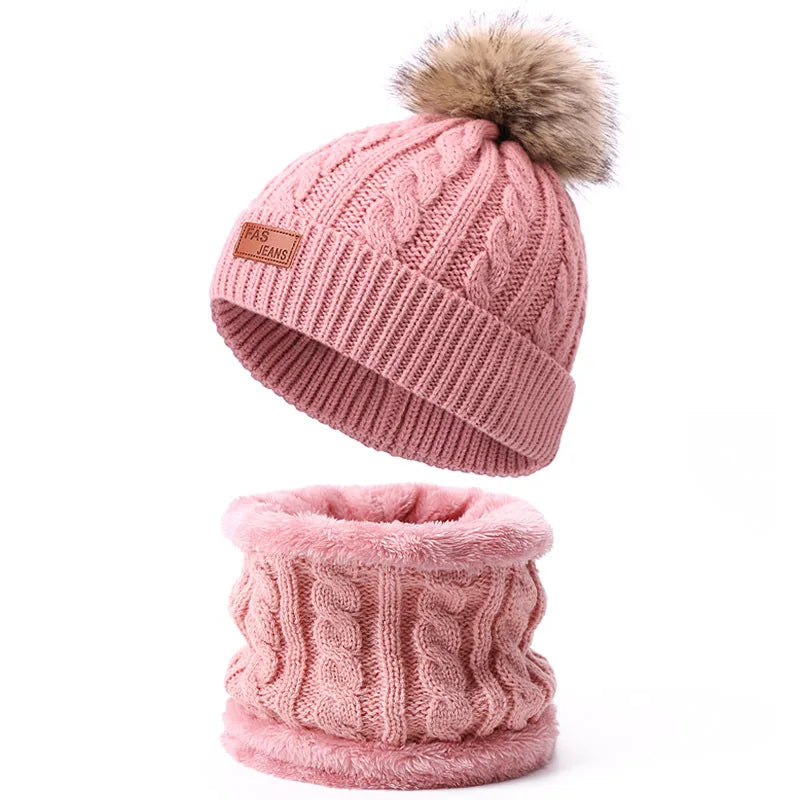 Warm Winter Baby Hats with Scarves for Kids Wool Pompom Baby Hat Children Bonnet Cap Boys Girls Knitted Scarf Gloves Beanie Caps-Dollar Bargains Online Shopping Australia