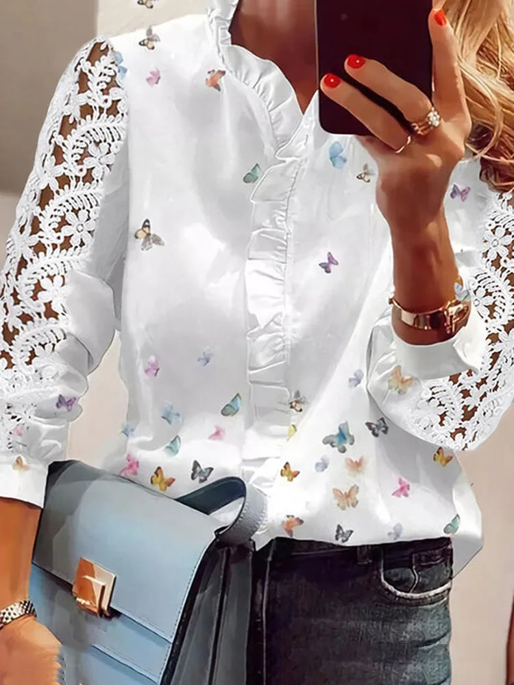 Solid Button Lace Splice V-Neck Women's Shirt Top White Women