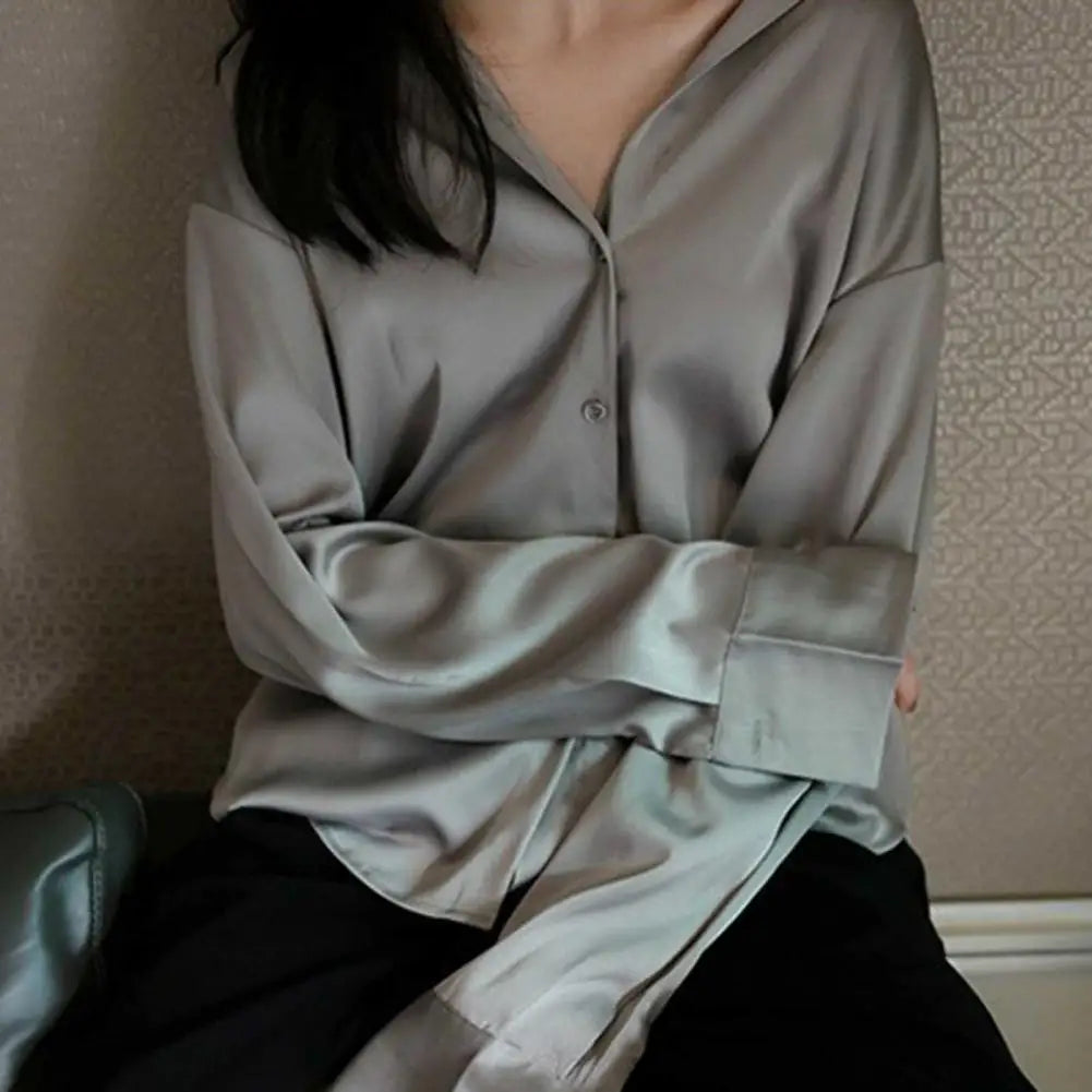 Women Shirt Formal Business Blouse Shirt Vintage Satin Silky Loose Long Sleeve Lapel-Dollar Bargains Online Shopping Australia