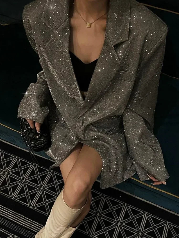 Sequin Glitter Lapel Suit Outwear For Women Luxury Long Sleeve Fashion Pocket Elegant Sparkle Coat Women's Suit Outwear-Dollar Bargains Online Shopping Australia