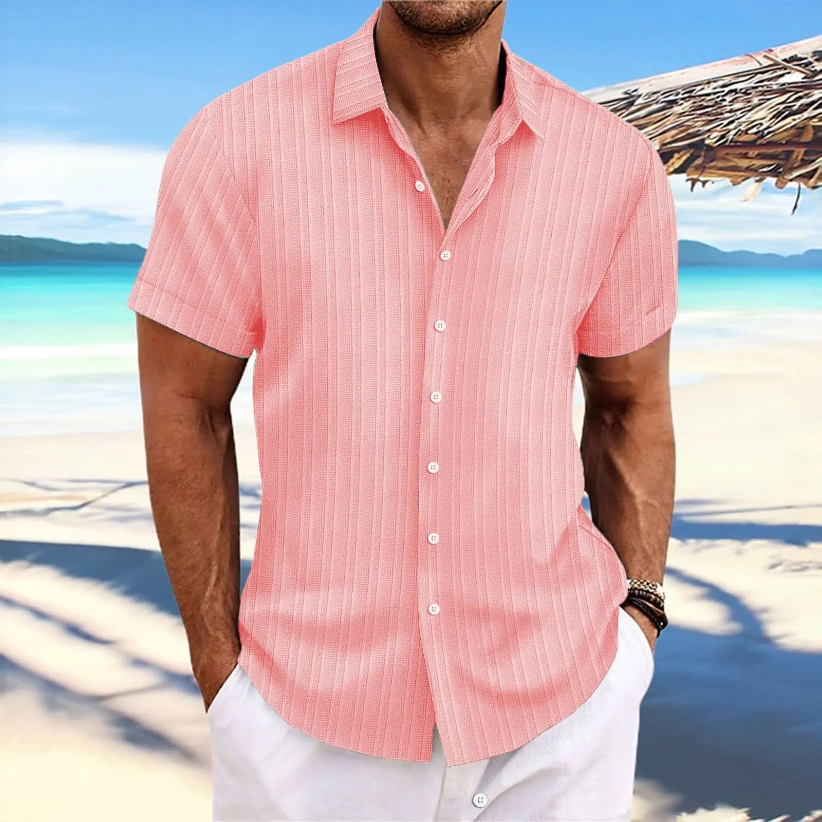 men's striped jacquard casual fashion comfortable loose short sleeve Hawaiian shirt-Dollar Bargains Online Shopping Australia