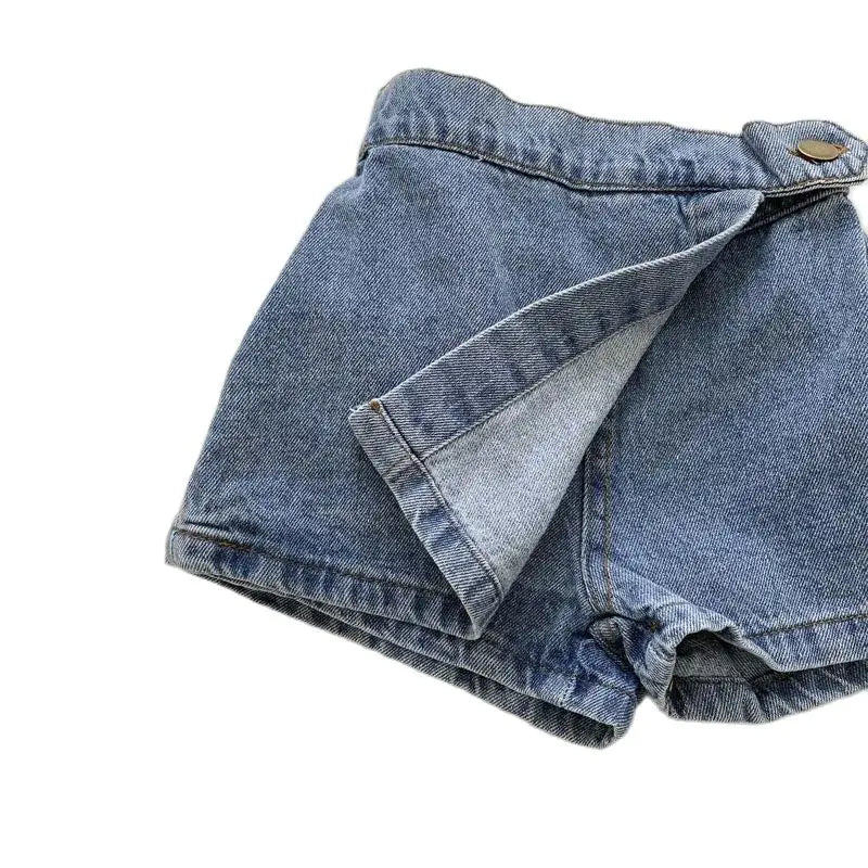Summer Kids Girl Skirt Shorts Solid Elastic Waist Button Soft Denim Culotte Children Versatile Clothing-Dollar Bargains Online Shopping Australia
