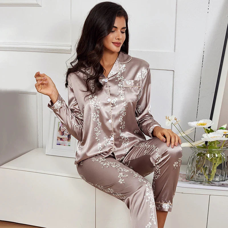 women Silk Satin pyjamas set Long sleeve Shirt with Trouser Sleepwear Loungewear Female Pyjamas Suits-Dollar Bargains Online Shopping Australia