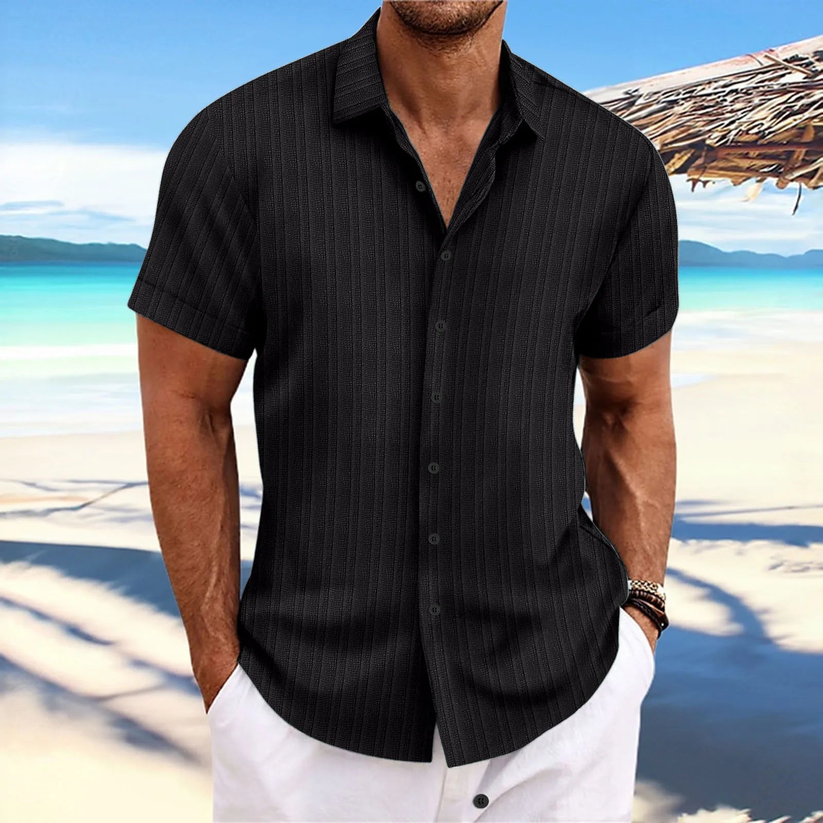 men's striped jacquard casual fashion comfortable loose short sleeve Hawaiian shirt-Dollar Bargains Online Shopping Australia
