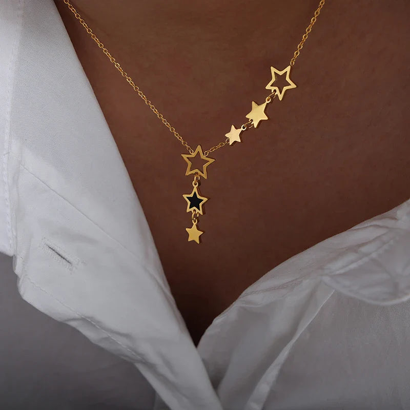 Star Pendant Necklace for Women Stainless Steel Gold Plated Chain Black Acrylic Fashion Jewelry-Dollar Bargains Online Shopping Australia