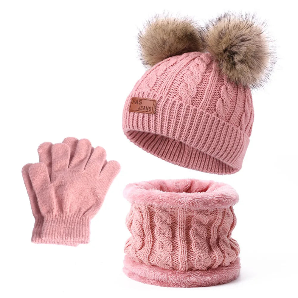 Warm Winter Baby Hats with Scarves for Kids Wool Pompom Baby Hat Children Bonnet Cap Boys Girls Knitted Scarf Gloves Beanie Caps-Dollar Bargains Online Shopping Australia