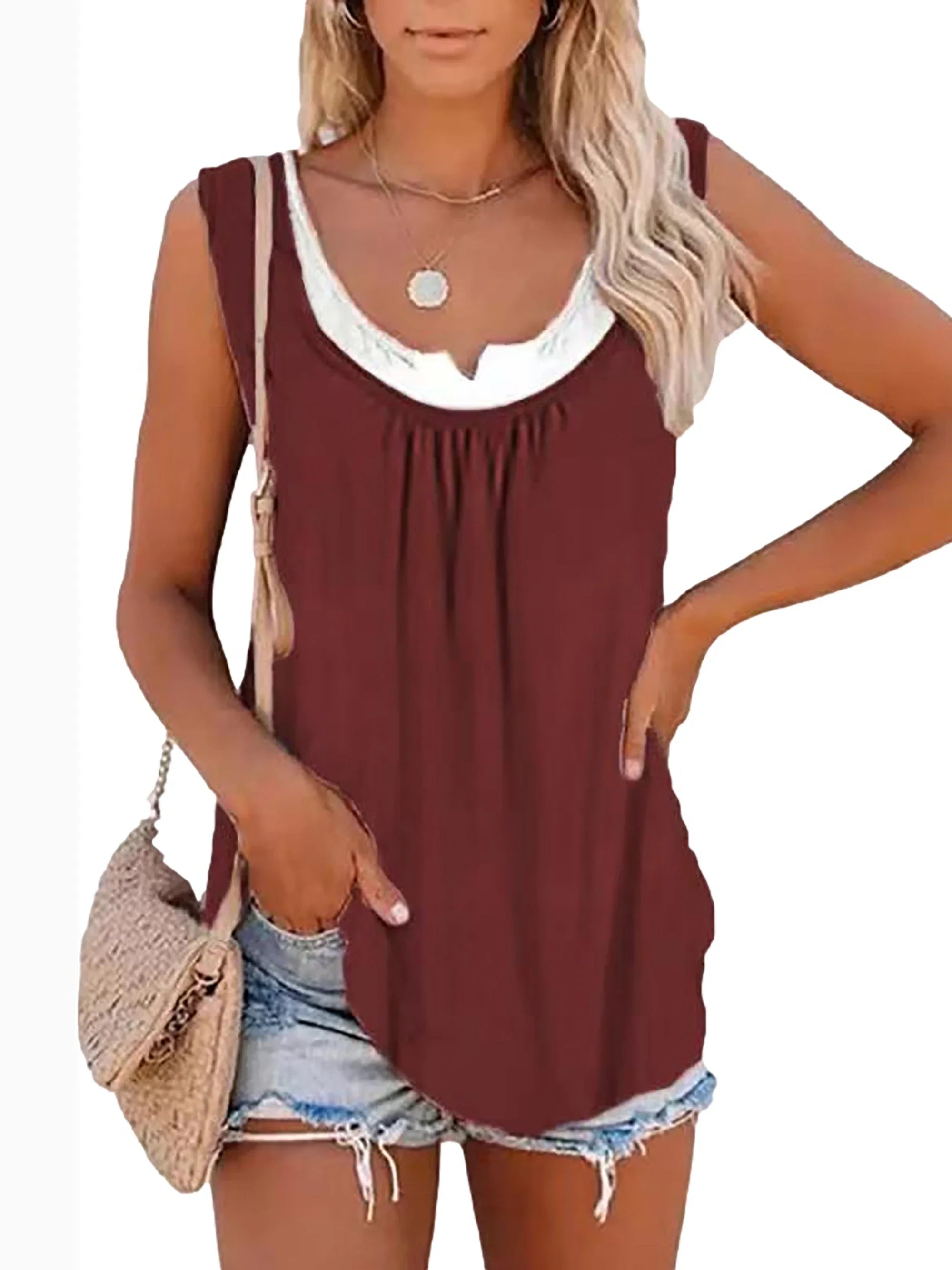 Womens blouse solid color patchwork sleeveless pleated vest T-shirt-Dollar Bargains Online Shopping Australia
