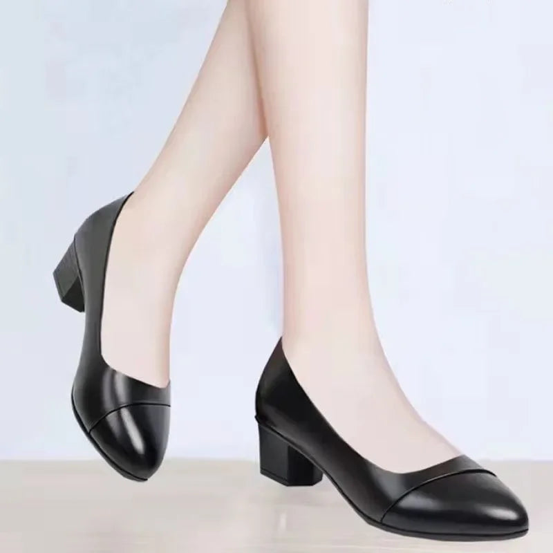 Shoes Women Mid Heel  Office Lady Pumps PU Leather Black Basic Square Heeled Spring Autumn Loafers