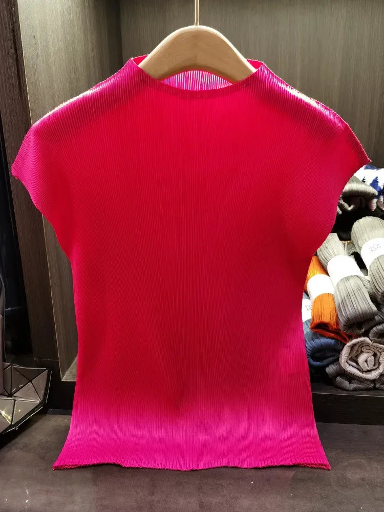 Versatile Classic Simple Solid Color Stand Up Collar Pleated Top Women Slim Slim Short Sleeve Miyake T-shirt Summer-Dollar Bargains Online Shopping Australia