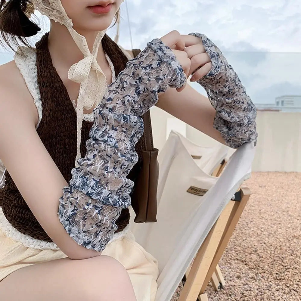 Lace Hollow-Out Long Gloves Women Summer Sun Protection Arm Sleeves Mesh Thin Cycling Mittens