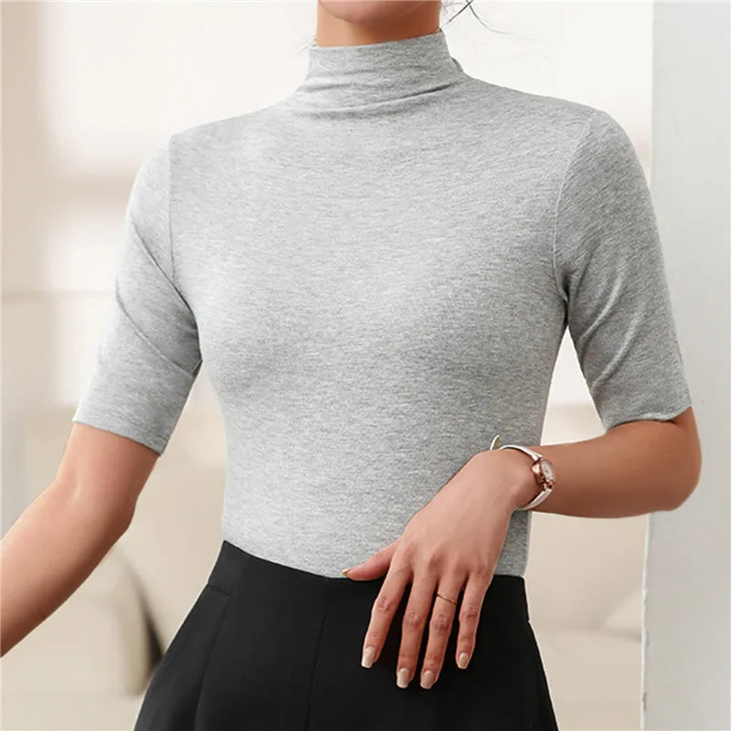 Women Turtleneck Pullover Slim Fit Short Sleeve T-Shirts Casual Solid Semi-High Collar Bottomed Shirt Female Basic Cropped Tops