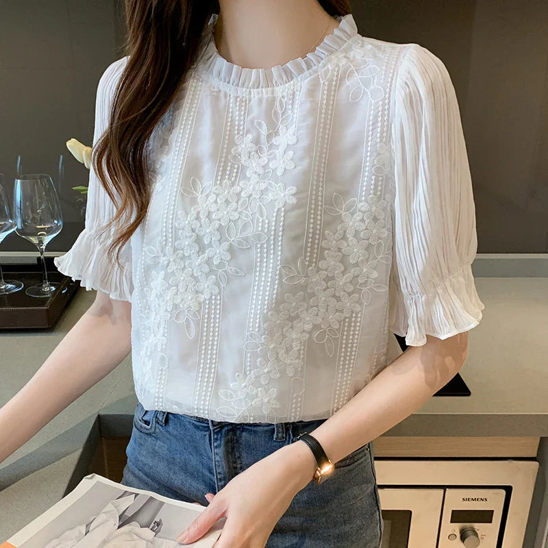 Women Blouse Short Sleeve Embroidery Lace Chiffon Blouse Shirt Blouse Women-Dollar Bargains Online Shopping Australia