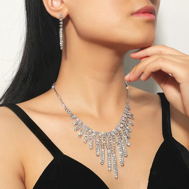Geometric Rhinestone Necklace Earrings For Women Long Tassel Jewelry Sets Ladies Weddings Banquet Accessory-Dollar Bargains Online Shopping Australia