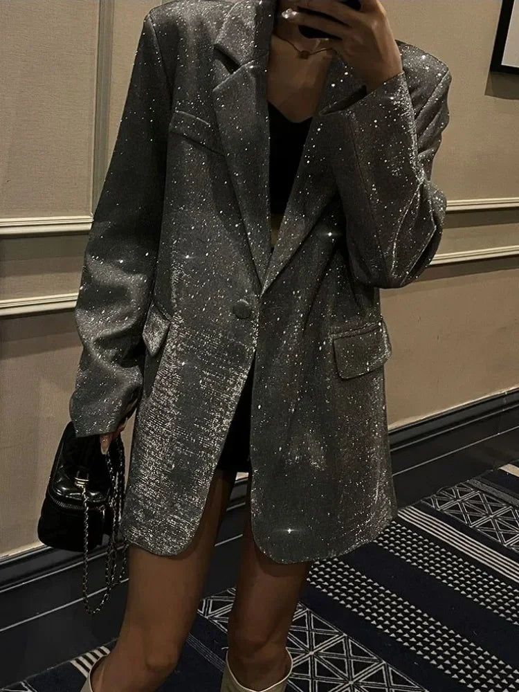 Sequin Glitter Lapel Suit Outwear For Women Luxury Long Sleeve Fashion Pocket Elegant Sparkle Coat Women's Suit Outwear-Dollar Bargains Online Shopping Australia