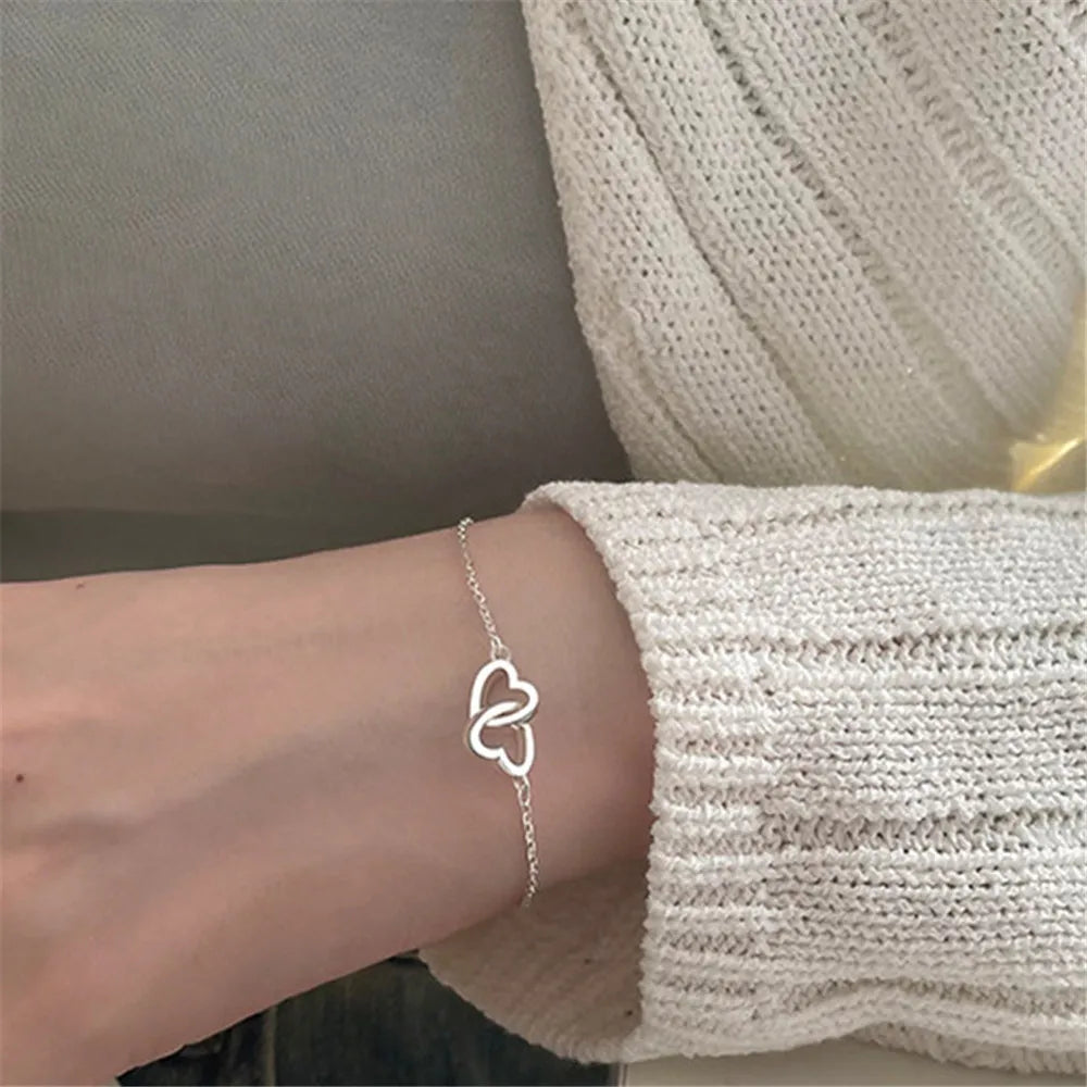 Silver Color Double Interlocking Small Hearts Bracelet Bangle For Women Fine Fashion Jewelry Wedding Party Gift