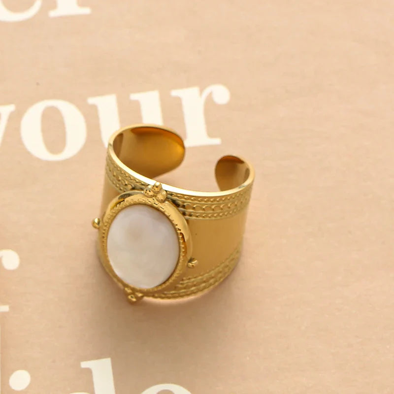 Luxury Natural Stone Ring For Woman Fashion Hollow Stainless Steel Ring Adjustable Wide Multilayer Open Ring Party Jewelry Gifts-Dollar Bargains Online Shopping Australia