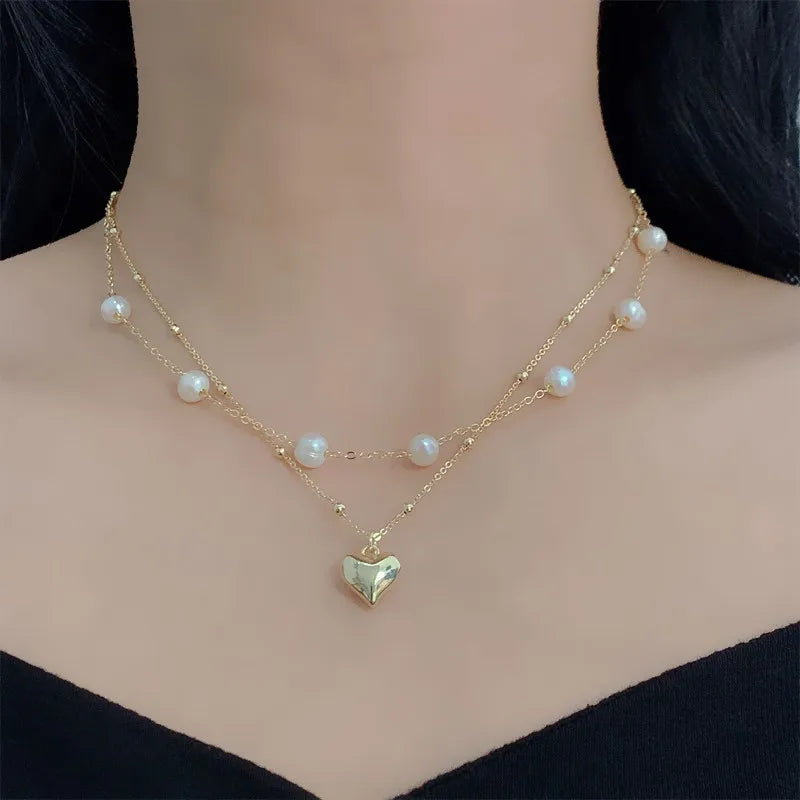 Exquisite Double-layer Pearl Love Pendant Necklace Women Jewelry Wedding Party