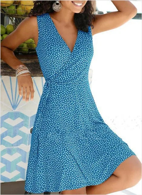 Summer Dress Women's New Casual Dot V Neck Sleeveless Bandage Beach Pop Floral Belt Women's Clothing Women-Dollar Bargains Online Shopping Australia