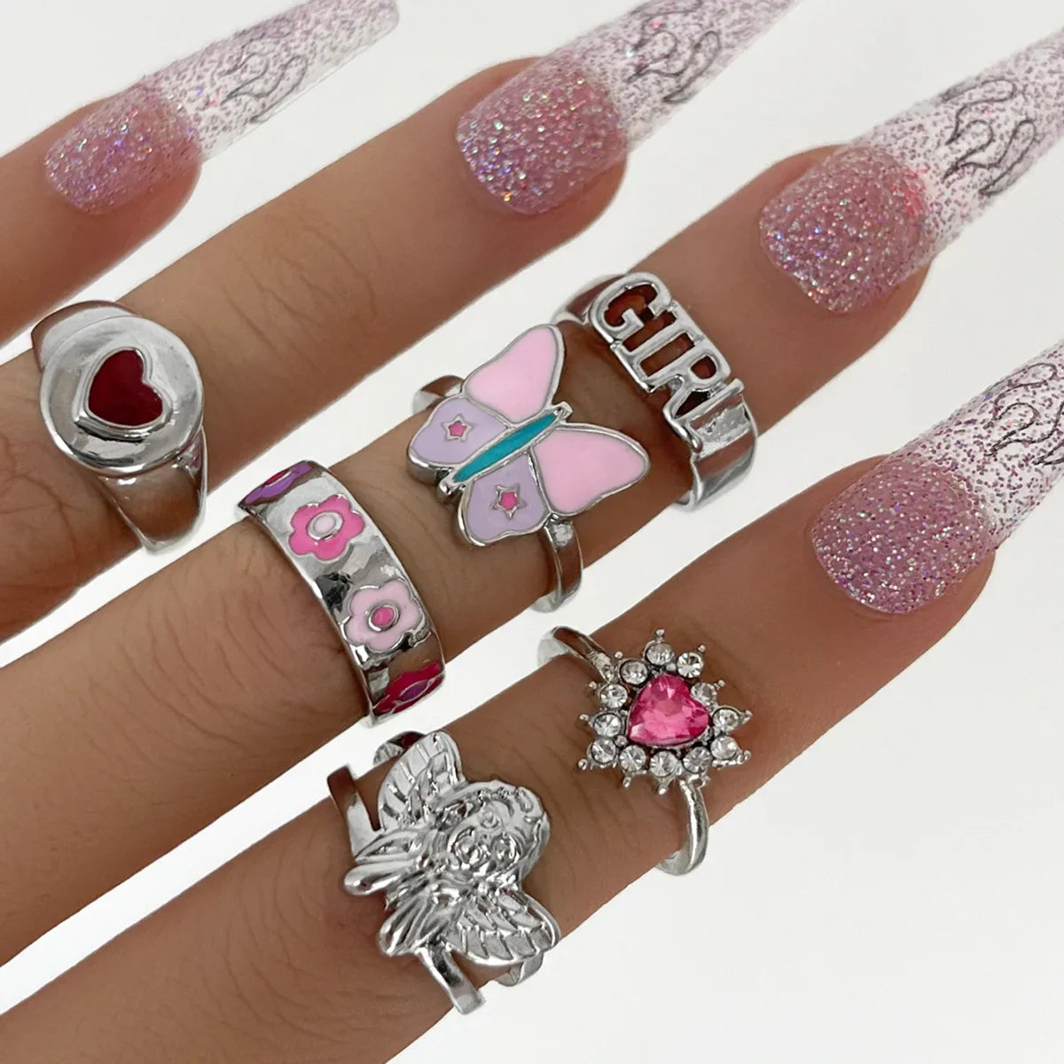 Pink Acrylic Butterfly Knuckle Ring Set For Women Crystal Enamel Mushroom Yin Yang Flower Rings Girls Fashion Jewelry-Dollar Bargains Online Shopping Australia