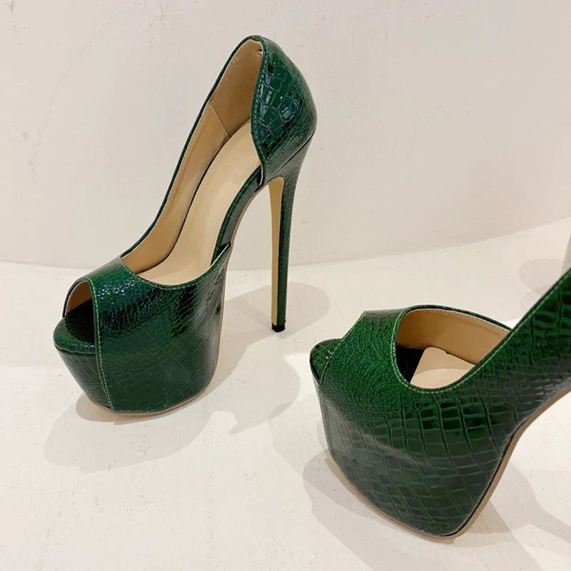 Green Snake Print Leather Platform Pumps Women Sexy Slingback Peep Toe Extreme High Heels Strip Pole Dance Shoes-Dollar Bargains Online Shopping Australia