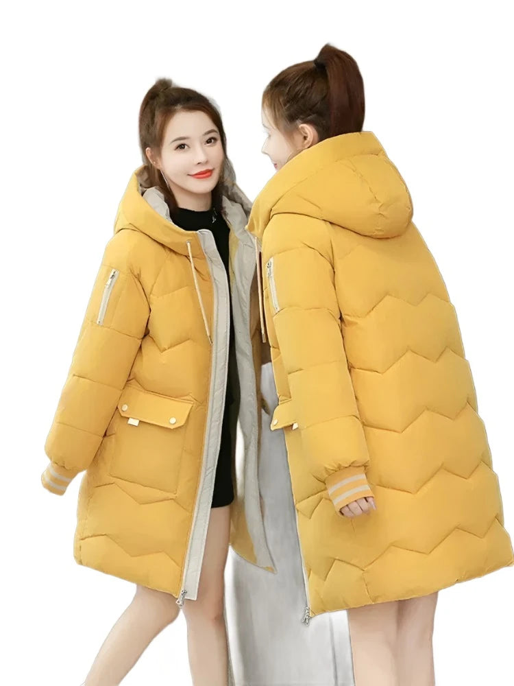 Women Jackets Coats Casual Long Parka Cotton Turtleneck Hooded Cuffs Closing Jackets Wind-proof Travelling Coats