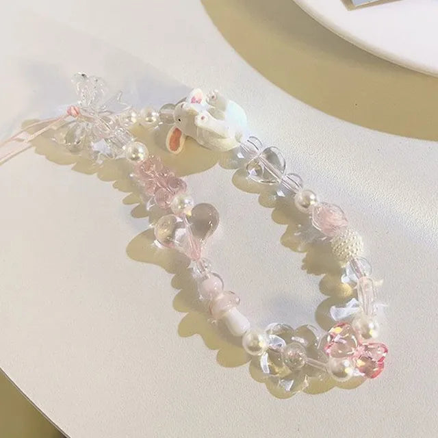 Simple Pink Bear Heart Strawberry Bowknot Flower Acrylic Imitation Pearl Beaded Phone Chain for Women Girls Sweet Accessories-Dollar Bargains Online Shopping Australia