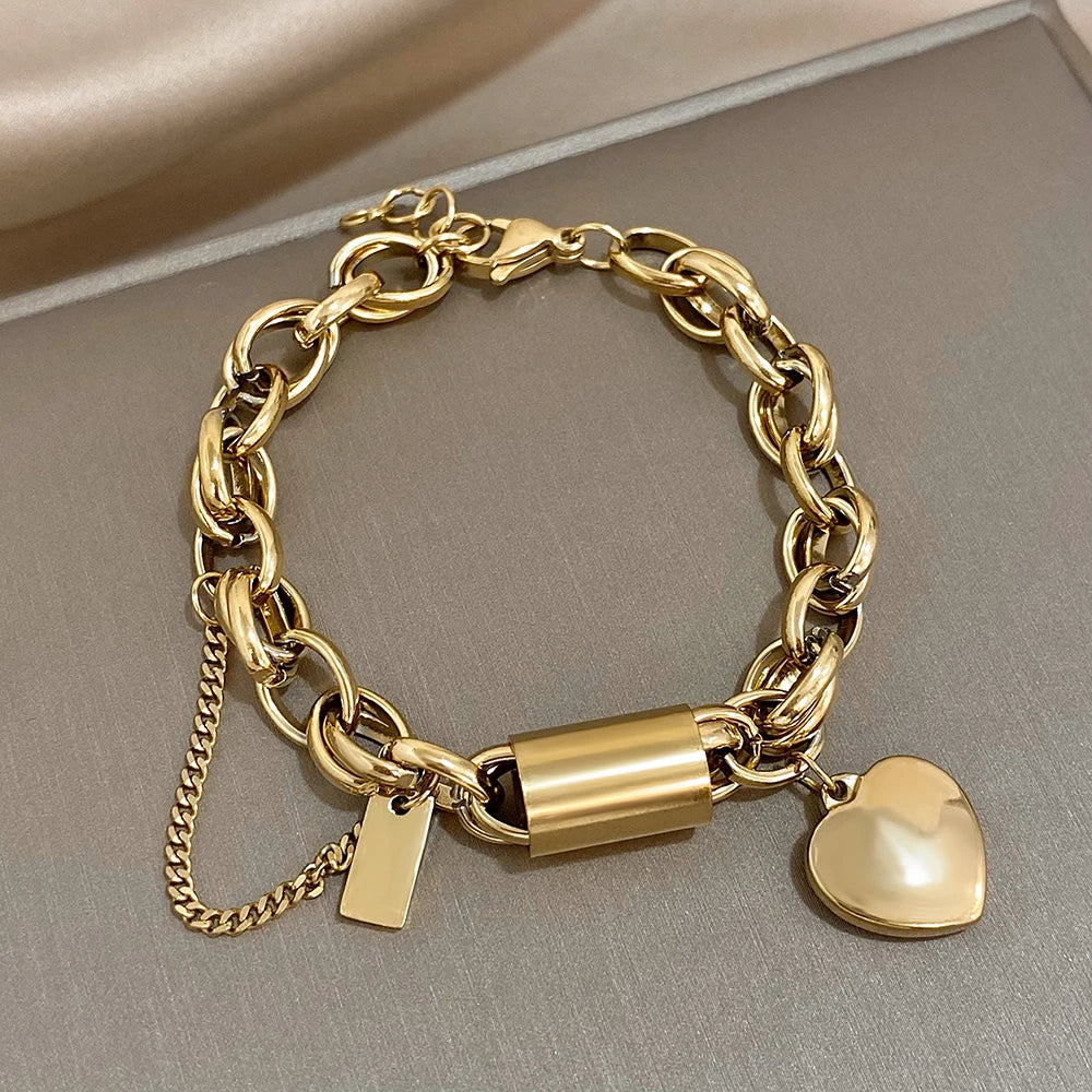 Heart Lock Stainless Steel Charm Bracelet Chunky Gold Plated Chain Love Bracelets Christmas Valentine Gift-Dollar Bargains Online Shopping Australia