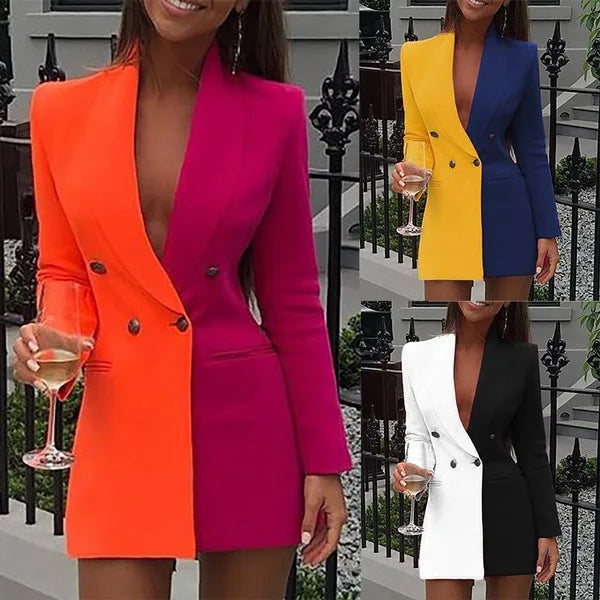 Women Blazer Elegant Office Lady Suit Thin Spring V-neck Female Long Sleeve New Patchwork Slim OL Double Breasted Dress Coat-Dollar Bargains Online Shopping Australia