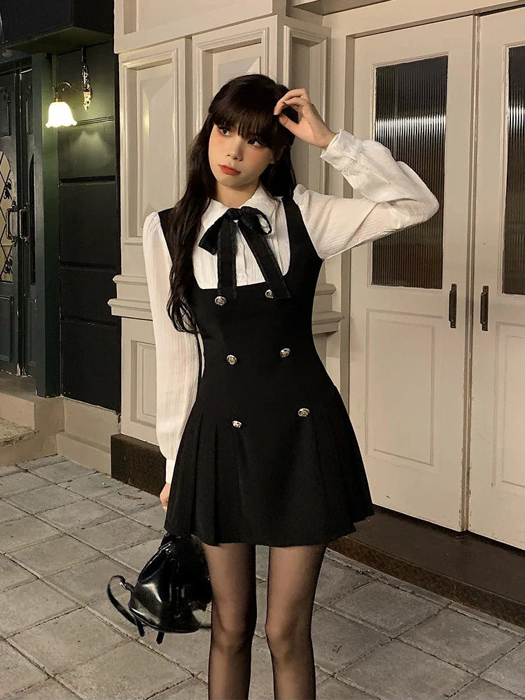 Two Dress Women Slim Chic Long Sleeve Bow Casual Y2k Mini Dress Female Korean Fashion Elegant Short Party Dress-Dollar Bargains Online Shopping Australia